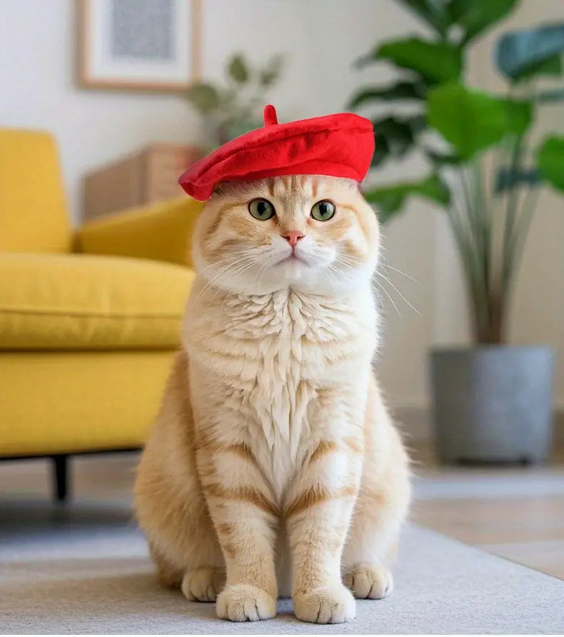 🎀 Καπέλο Beret Hat with Red Pom-Pom